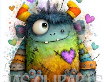 May include: A whimsical, colorful monster illustration with a large eye, stitched patches, and heart accents. The monster is primarily blue, green, and yellow, with orange and yellow horns. Purple hearts and a happy expression complete the design.