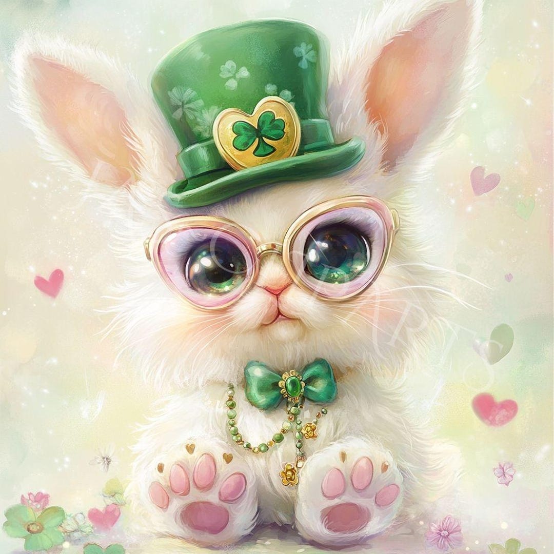 St. Patrick's Bunny Clipart – Shamrock Bunny With Glasses (digital ...