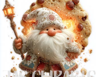 May include: A whimsical illustration of a gnome holding a lantern and standing in front of a giant chocolate chip cookie. The gnome wears a patterned hat and coat with a long white beard. The cookie has chocolate chips.