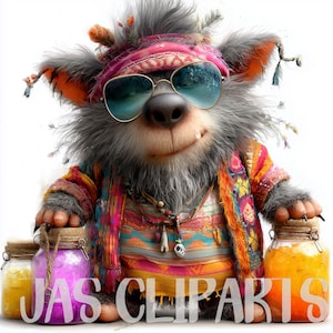 14 nyckfulla vargbartender-clipart: udda akvarell cool skogsdjur, läskig hippievarg PNG för POD, klistermärken och skräpjournaling