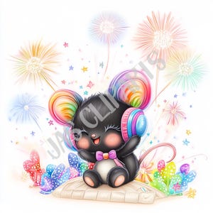 Clipart souris arc-en-ciel avec feux d'artifice - mignon mois de la fierté animal PNG souris lunatique Art mois de la fierté en téléchargement numérique Junk Journal Sticker