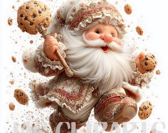 Könnte beinhalten: Eine skurrile Illustration von Santa Claus, der einen riesigen Schokoladen-Chip-Keks an einem Stab und einen weiteren in der Hand hält. Er trägt ein festliches Outfit mit roten und goldenen Akzenten, einen weißen Bart und einen lächelnden Ausdruck. Kekse sind um ihn herum verstreut.