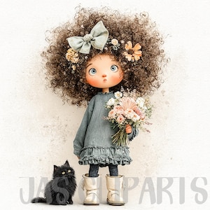 41 Cute Halloween Girl Clipart- Autumn Quirky Girl PNG | Fall Watercolor Girl with Cat Cozy Halloween Illustration Autumn Season Digital Art
