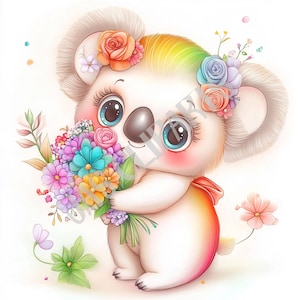 Clipart de koala arc-en-ciel avec des fleurs - mignon animal de la fierté du mois PNG éphémères Koala lunatique Kawaii pastel téléchargement numérique Junk Journal