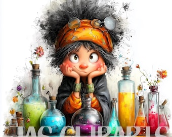 14 Whimsical Potion Girl Clipart: Cute Watercolor Quirky Character, Creative Studio Art for Junk Journals, Stickers,  PNG Digital Download