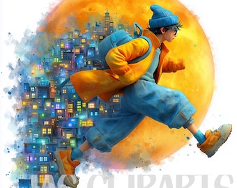 12 Cityl Boy Running Clipart: Colorful Night City and whimsical Full Moon art, Digital Download for Card Making, Junk Journaling fantasy boy