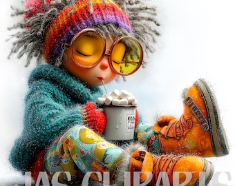 13 Imágenes prediseñadas de elfo bohemio: hada hippie acogedora PNG, lindo elfo navideño amante del café, arte navideño bohemio para sublimación, decoración de scrapbooking
