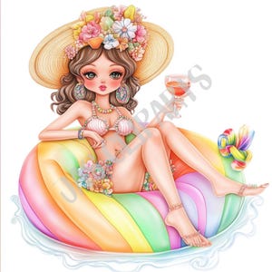 Peut inclure: Une illustration de dessin animé d'une femme portant un chapeau de paille avec des fleurs, un bikini et un flotteur coloré. Elle tient un verre de vin et sourit.