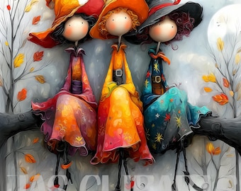 21 Quirky Witch bestfriends Clip Art: Watercolor Quirky Illustration of whimsical witch Orange theme Journal Stickers and Crafts Card Making