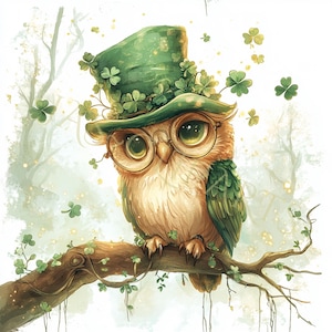 May include: An illustration of a whimsical owl wearing a green top hat adorned with shamrocks and round glasses. The owl is perched on a tree branch with green vines and shamrocks scattered around. The owl has large, expressive eyes.
