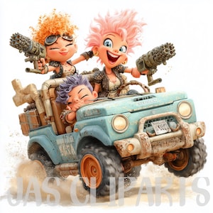 10 Adventure Kids Clipart: Whimsical Cartoon Digital Art, Cute Children Driving Jeep, Playful Printable for Scrapbooking Stickers & Crafts