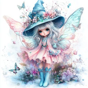 Clipart de fada aquarela, JPGs de alta resolução de 300 DPI, jardim de fadas, clipart de cogumelo, fada borboleta, clipart floral, clipart de berçário mágico