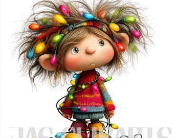 13 imágenes prediseñadas de elfo festivo: niño con luces navideñas PNG, adorable niño navideño envuelto para sublimación, pegatinas y manualidades.