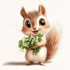 May include: A cute cartoon squirrel with big eyes and a happy expression, holding a bouquet of white flowers and green shamrocks. The squirrel has brown and white fur with a fluffy tail, set against a white background.