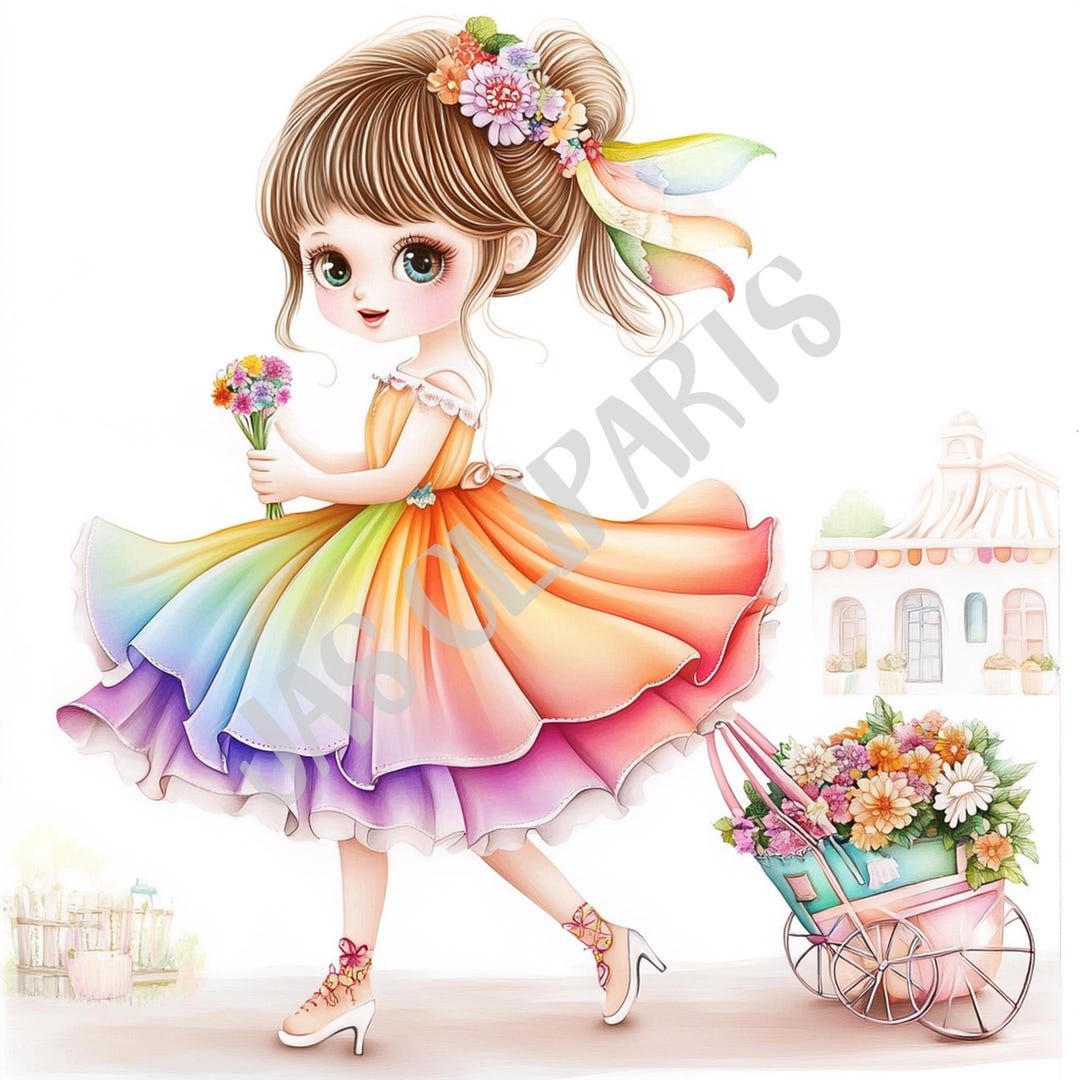 Rainbow Girl Watercolor Clipart | Floral Dress PNG (commercial Use) - Etsy