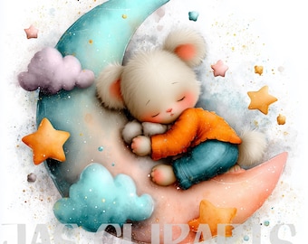 14 Quirky Baby Bear Clipart: Fantasy Cute Sleeping Animal on Moon PNG, Whimsical Nursery Art for Birthday Cards, Baby Shower, Commercial Use