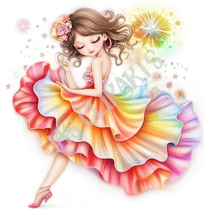 Élégant arc-en-ciel fierté fille Clipart - robe virevoltante numérique des cliparts Pride Month PNG Pride mois PNG Junk Journal Sticker numérique