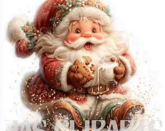Santa with Cookie Clipart PNG – Whimsical Christmas Illustration (Digital Download)