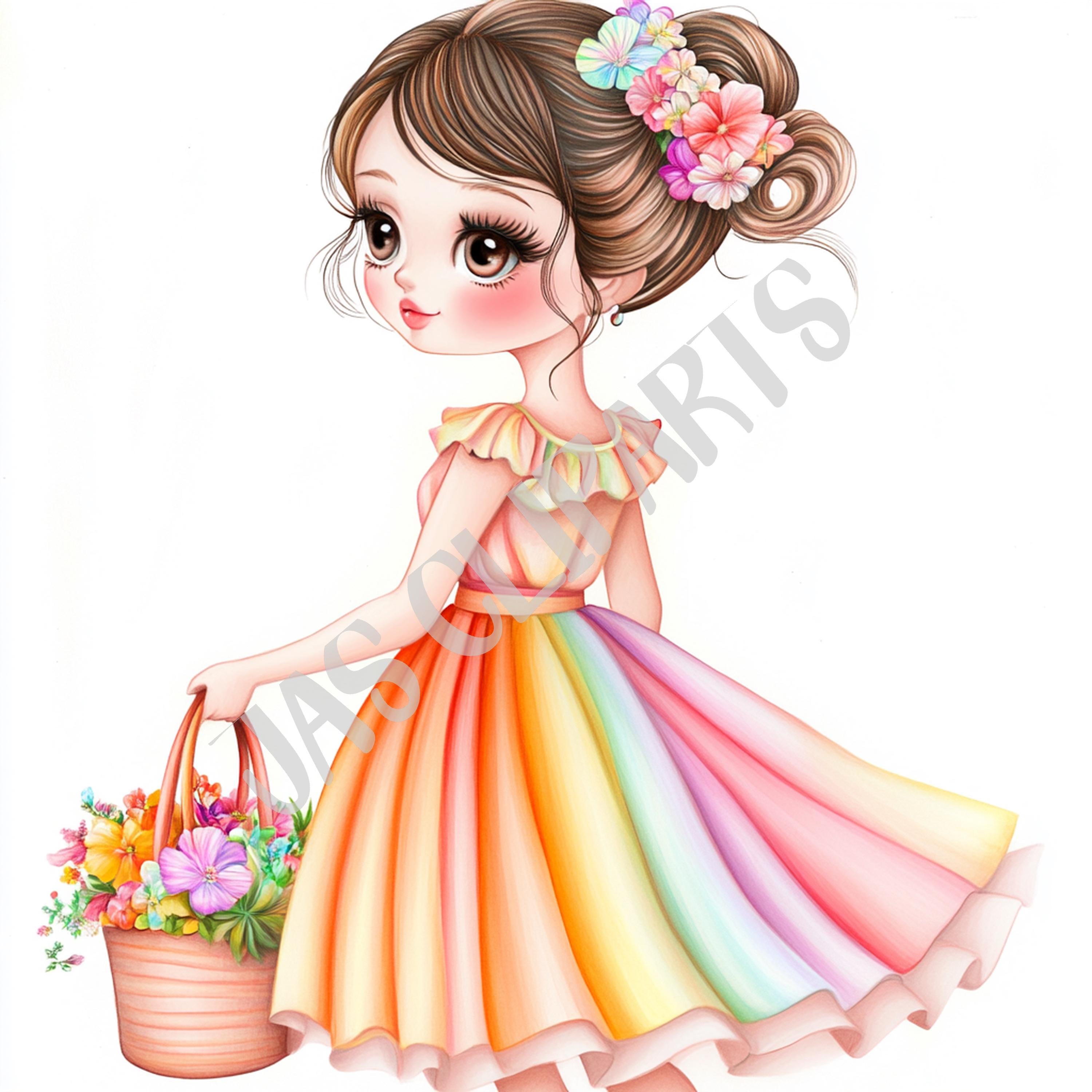 Rainbow Girl Watercolor Clipart | Floral Dress PNG (commercial Use) - Etsy