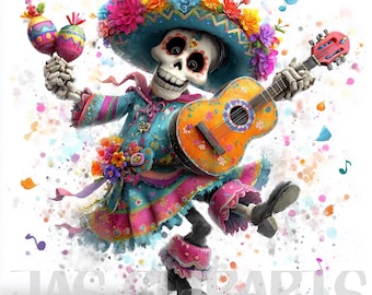 17 Festliga Skelett Clipart: Söt Obehaglig png Spöklik Säsong Sublimeringsillustration Färgglad Dödas Dag Akvarell PNG Klistermärken Hantverk