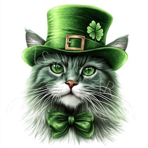 May include: A gray and white cat wearing a green leprechaun hat with a gold buckle and a green bow tie. The hat has a four-leaf clover on top.