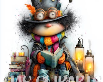 Steampunk Pumpkin Clipart: Wizard Witch Watercolor PNG (Digital Download)