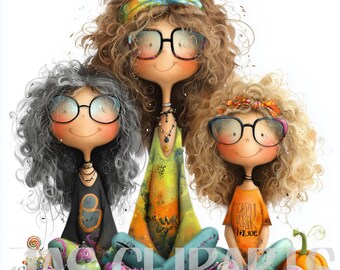 9 Imágenes prediseñadas de chicas bohemias de Halloween: amigas brujas caprichosas PNG, descarga digital de un lindo trío de otoño, creación de tarjetas, scrapbooking, sublimación PNG