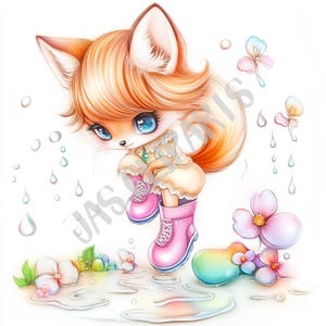 Clipart renard de fierté avec flaque d'eau arc-en-ciel - mignon mois de la fierté animal PNG éphémères renard lunatique PNG téléchargement numérique Junk Journal autocollant numérique
