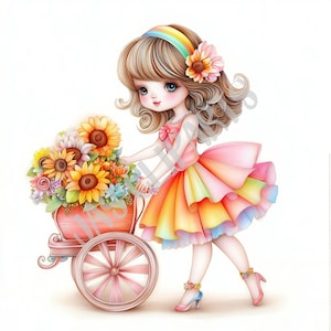 Fantazyjny Kwiatowy Wózek Dziewczyna Clipart | Pastelowy Boho Wiosna PNG | Słodka Kwiatowa Dziewczyna Ilustracja do Naklejki Wystrój Przedszkola, Pobieranie Cyfrowe