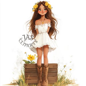 Clipart de niña de primavera bohemia / Niña campestre JPG 300 DPI / Ilustración de vaquera floral / Descarga digital para invitaciones y uso comercial
