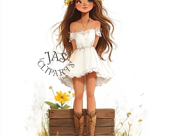 Floral Cowgirl Clipart | Boho Spring Kid Illustration (Digital Download)