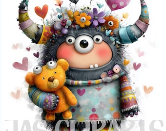 15 uroczych potworów Clipart: Fantastyczne przyjęcie urodzinowe i Halloween dla dzieci, urocze akwarelowe stworzenia PNG do naklejek i papierowych rękodzieł Fantasy