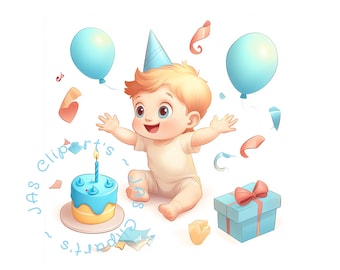 Baby Boy Birthday Clipart: Watercolor First Birthday PNG (Digital Download)