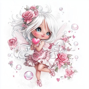 20 imágenes prediseñadas de hadas de San Valentín con dibujos animados extravagantes, acuarela, 300 DPI, JPG, diario basura, creación de tarjetas, descarga digital, fantasía, amor caprichoso