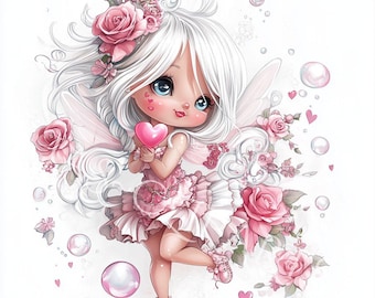 Könnte beinhalten: Eine skurrile Illustration einer Fee mit weißem Haar, blauen Augen und einem rosa Kleid. Sie hält ein rosa Herz und ist von rosa Rosen, Herzen und Blasen umgeben. Die Fee hat zarte Flügel und trägt rosa Schuhe.