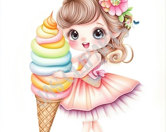 Watercolor Ice Cream Girl Clipart: Whimsical Rainbow Cone PNG (Commercial Use)