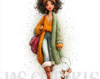 15 imágenes prediseñadas de niñas navideñas en acuarela: PNG navideños caprichosos, imágenes PNG de niñas festivas (descarga digital)