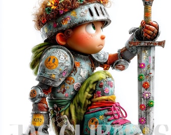 12 Whimsical Knight Clipart: Cute Watercolor Boy Castle Warrior, Fantasy Prince Warrior Clipart Art for Stickers, Junk Journals and Crafts
