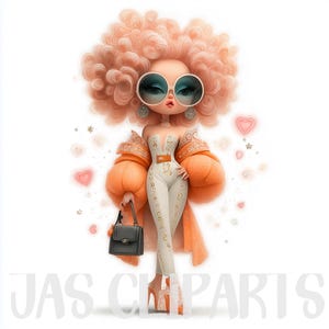 Peut inclure: Illustration d'une poupée élégante avec une grande afro couleur pêche et des lunettes de soleil surdimensionnées. La poupée porte une combinaison blanche avec des détails dorés, une veste orange et des talons hauts. Elle tient un sac à main noir. Le fond est blanc avec des cœurs et des étoiles.
