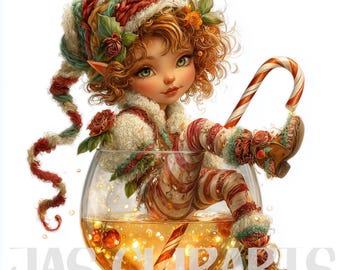 May include: A whimsical illustration of a curly-haired elf with green eyes, wearing a striped outfit and a colorful hat adorned with roses. The elf is seated in a glass bowl filled with a golden liquid, holding a candy cane. The image has a festive, fairytale theme.