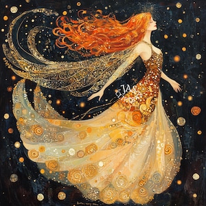 Puede incluir: Una mujer con el pelo largo y rojo que fluye lleva un vestido dorado y naranja con un patrón de remolino. Está rodeada de un fondo azul oscuro con puntos dorados y blancos.