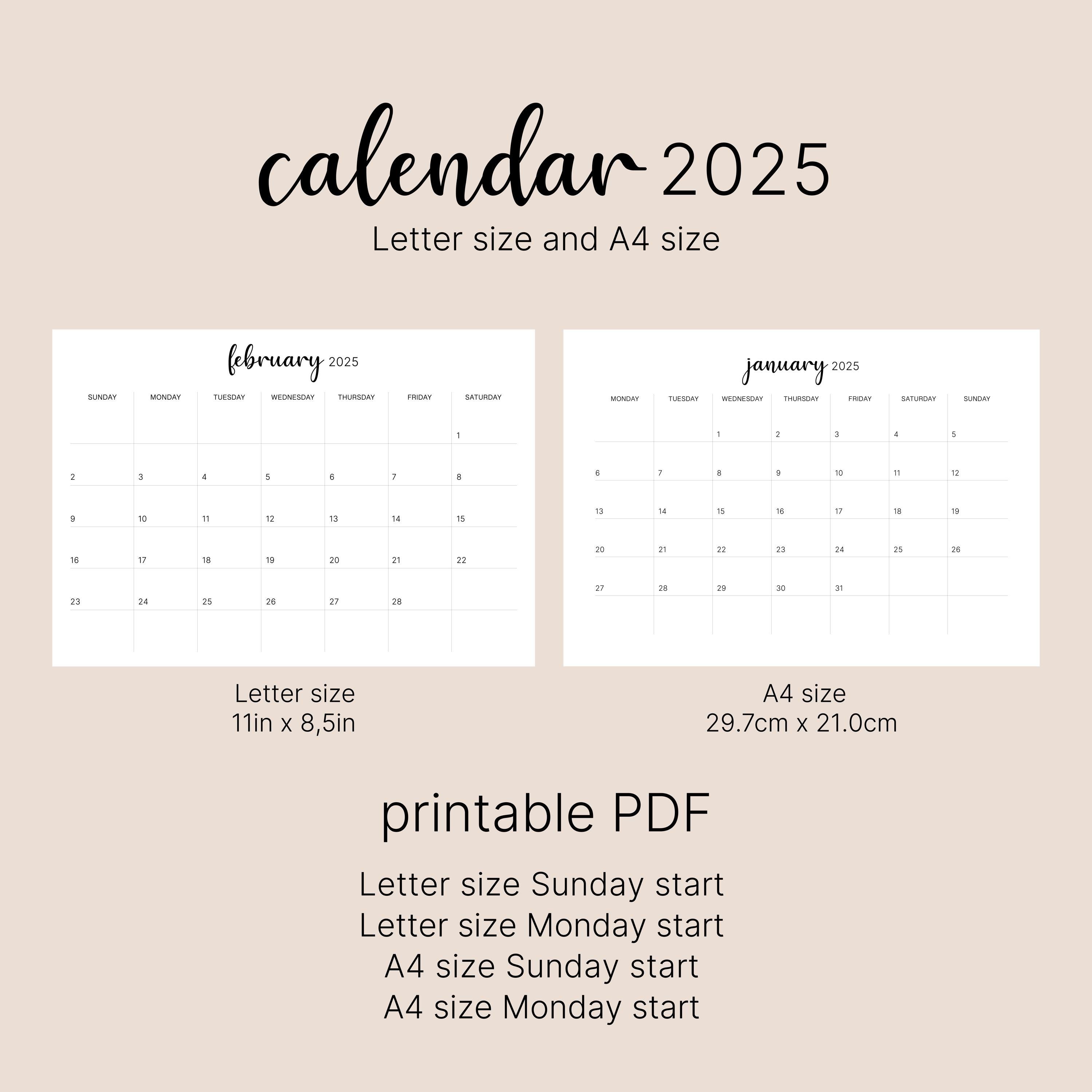 2025 Calendar Monday & Sunday Start A4 Andletter Size Desk Wall ...