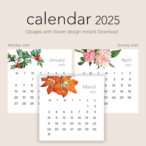 2025 Tischkalender druckbarer Download, Aquarell Blumen-Monatskalender, Sonntag und Montag Start, eleganter druckbarer Tischkalender JPG