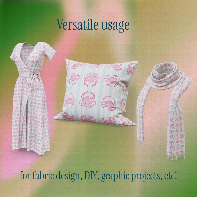 Krill Sewing Pattern Coastal Crab Seamless Pattern, Pink Crab Nautical PNG JPEG, Beach ...
