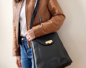 Vintage Maison Pourchet Black Leather Shoulder Bag