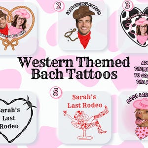 May include: A collection of Western-themed temporary tattoos with various designs. The tattoos feature images of people in cowboy hats, hearts, and the text "Sarah's Last Rodeo." Some designs include the text "Partners For Life" and "Same Cowboy Forever."