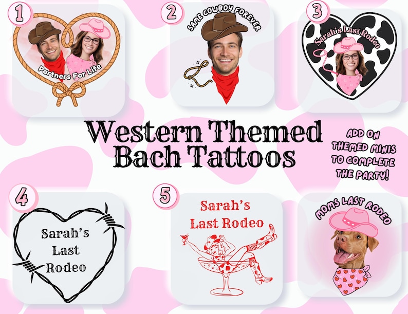 May include: A collection of Western-themed temporary tattoos with various designs. The tattoos feature images of people in cowboy hats, hearts, and the text "Sarah's Last Rodeo." Some designs include the text "Partners For Life" and "Same Cowboy Forever."