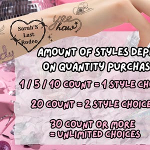 May include: A hand displays temporary tattoos with Western-themed designs, including a heart-shaped barbed wire, a cowboy hat, and the word "Howdy." Text on a pink paper reads "AMOUNT OF STYLES DEPEND ON QUANTITY PURCHASED."