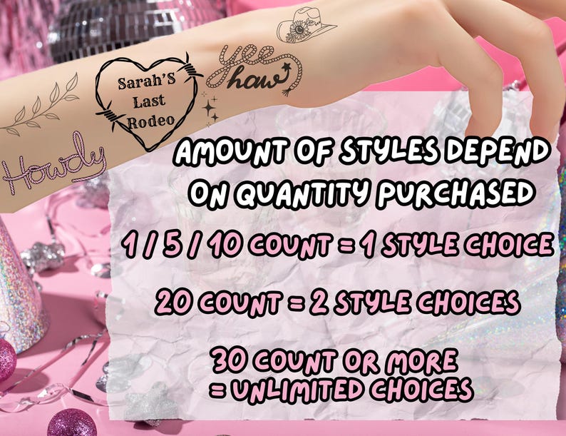 May include: A hand displays temporary tattoos with Western-themed designs, including a heart-shaped barbed wire, a cowboy hat, and the word "Howdy." Text on a pink paper reads "AMOUNT OF STYLES DEPEND ON QUANTITY PURCHASED."