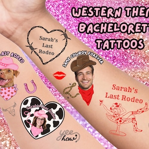 May include: Western-themed bachelorette temporary tattoos. Designs include a dog in a pink cowboy hat, a heart with barbed wire, a cowboy, a cactus, and the text "Sarah's Last Rodeo".